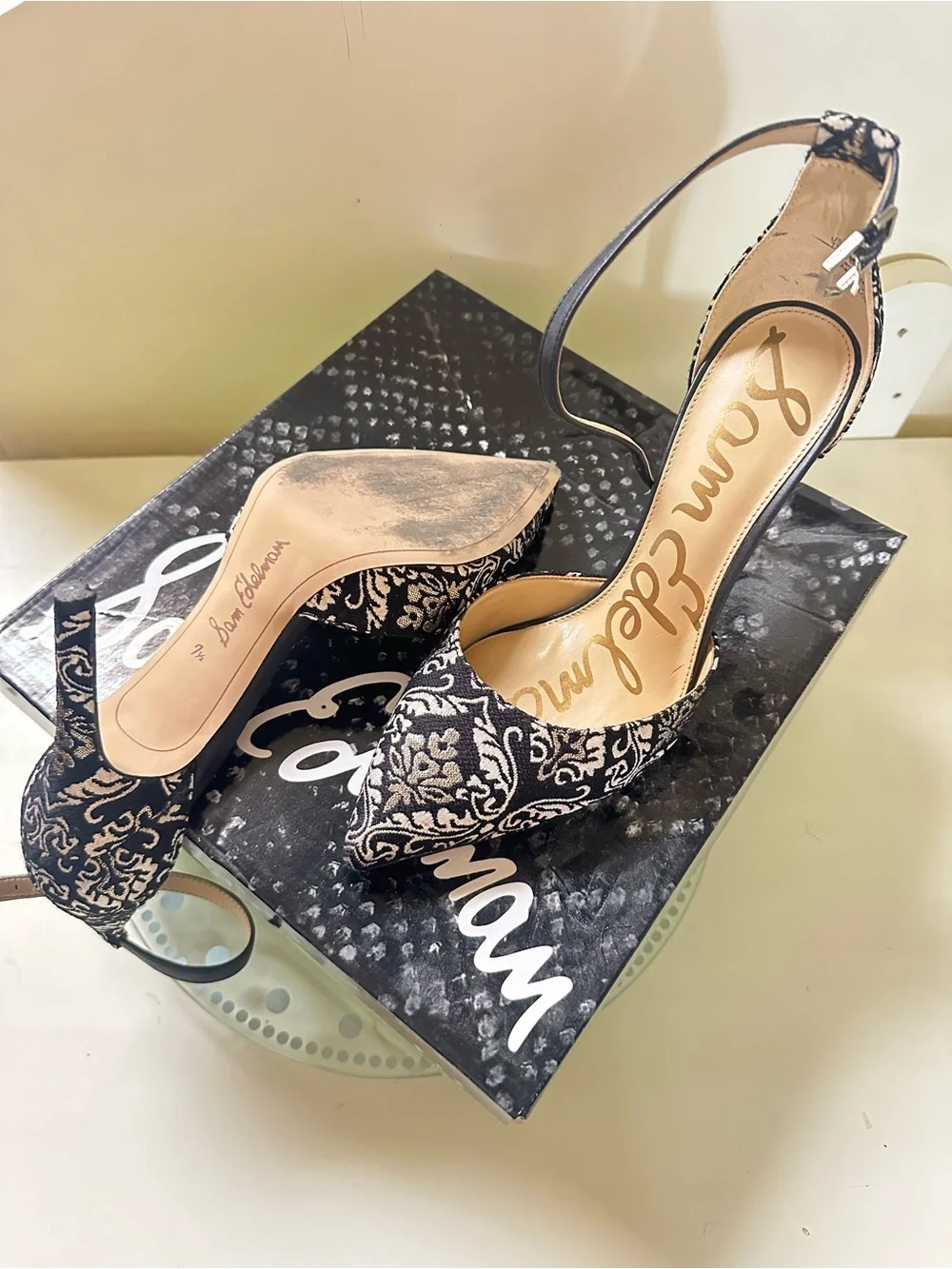 Sam Edelman Black and Cream Embroidered Pointed-Toe Ankle-Strap 3 inchesHeels